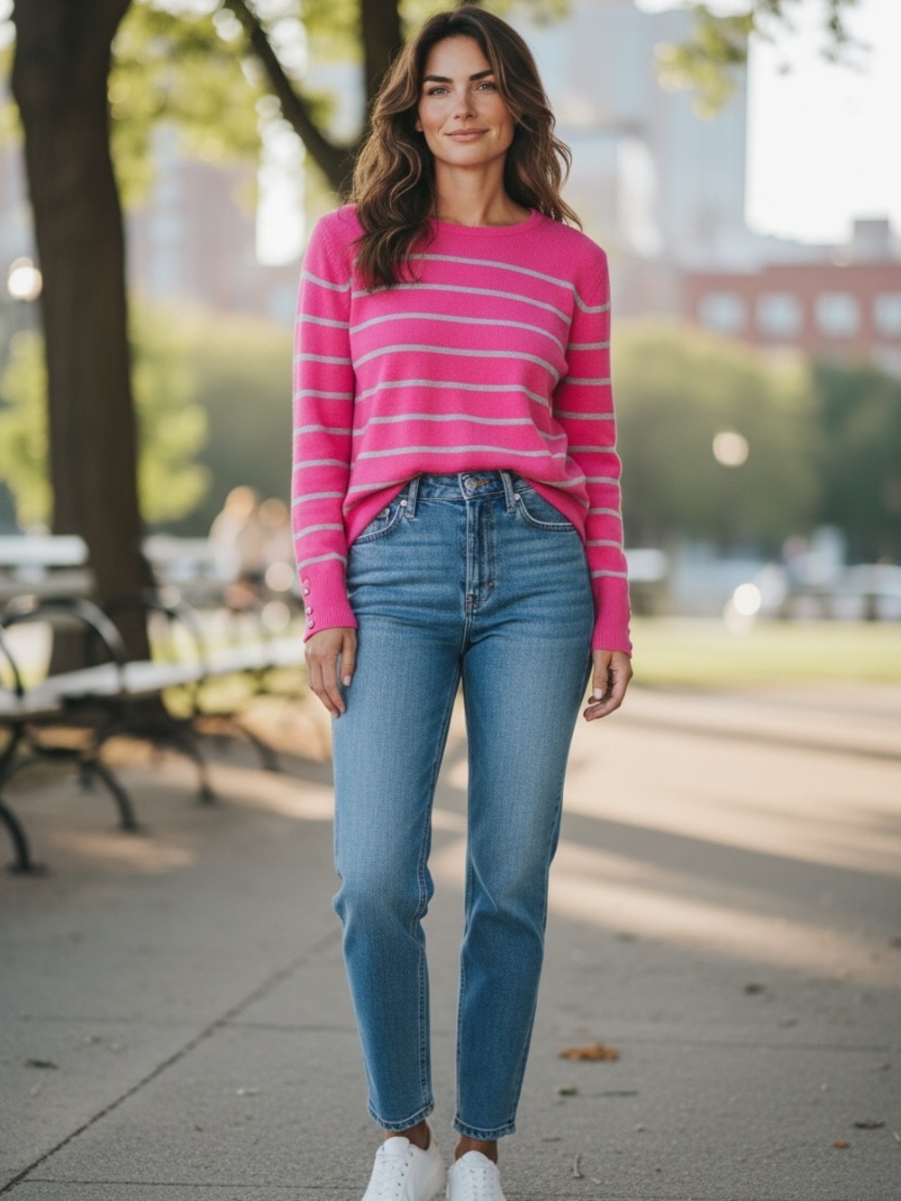 Women's Stripe Crewneck 100% cashmere  Sweater in Pink